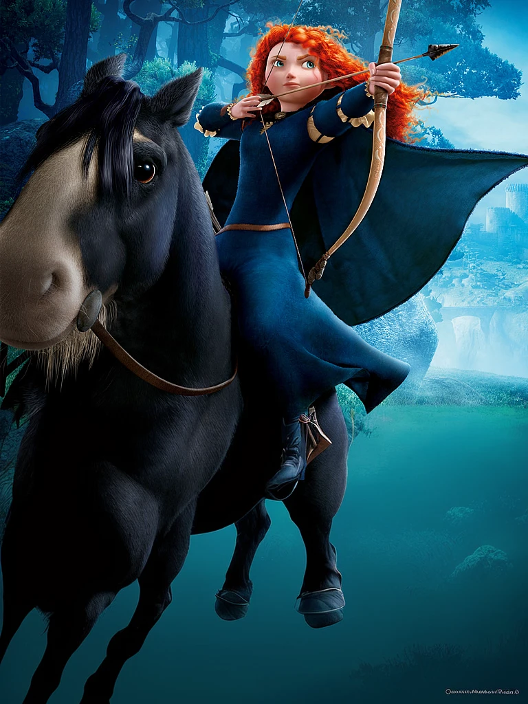 There is a woman who is riding a horse with a bow, portrait of princess  merida - SeaArt AI