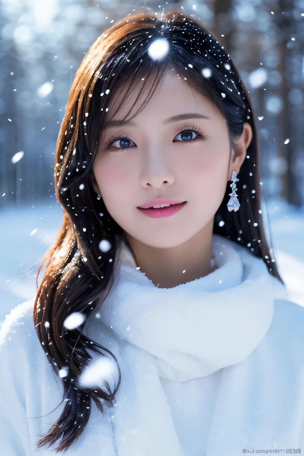 1girl in, (Crystal Costume:1.2), Japanese beautiful actress,
(Raw photo, Best Quality), (Realistic, Photorealsitic:1.4), (masutepiece), photogenic,
Snow Princess, Beautiful detailed eyes, Beautiful detailed lips, extremely detailed eye and face, long eyelashes,
Snowflake Earrings,
BREAK
(Lapland snow field in winter), 
Sparkling snowflakes, ethereal beauty, Swirling snowflakes, Snowy trees々, 
Powder snow, snow-capped mountain, Icy breath,
A world full of dazzling light, (It&#39;s snowing a lo sparkling.:1.4), Dance of Light,
Blue and silver color scheme, dramatic  lighting, 
BREAK Perfect Anatomy, Slender body, Small, Medium Hair, Parted bangs, Angel Smile,
Crystal-like skin, Clear eyes, catchlight