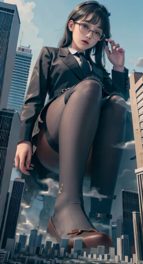 giantess art, a hyperrealistic schoolgirl, 非常に詳細なder rieseショット, der riese, Shorthair, Black pantyhose, a huge high school girl、&#39;It&#39;s much bigger than a skyscraper, Wearing rimless glasses, Colossal tits, Navy blue blazer, Red tie, Mini Length Skirt...