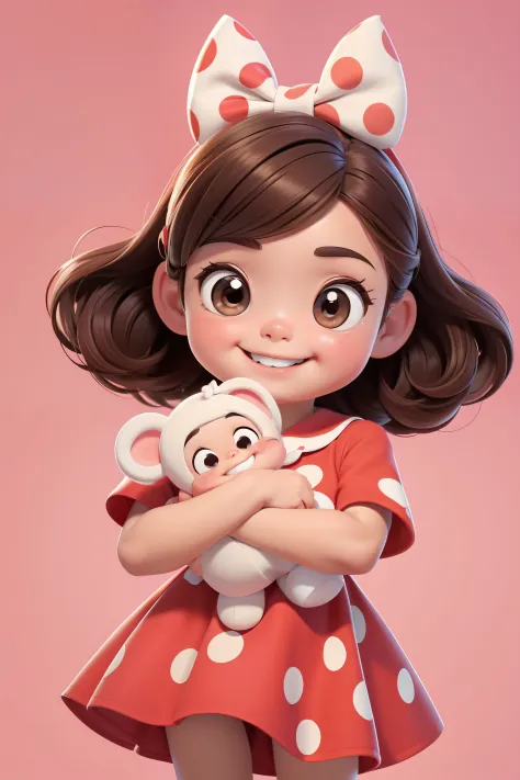 [(An adorable smiling brunette girl :1.2)(Small and cuddly baby)(pele clara)(Feliz)][(vestindo fantasia inspirada no 'Minnie') , childrens illustration , fundo limpo], wearing a little red dress with white polka dots and a bow in her hair, corpo inteiro, u...