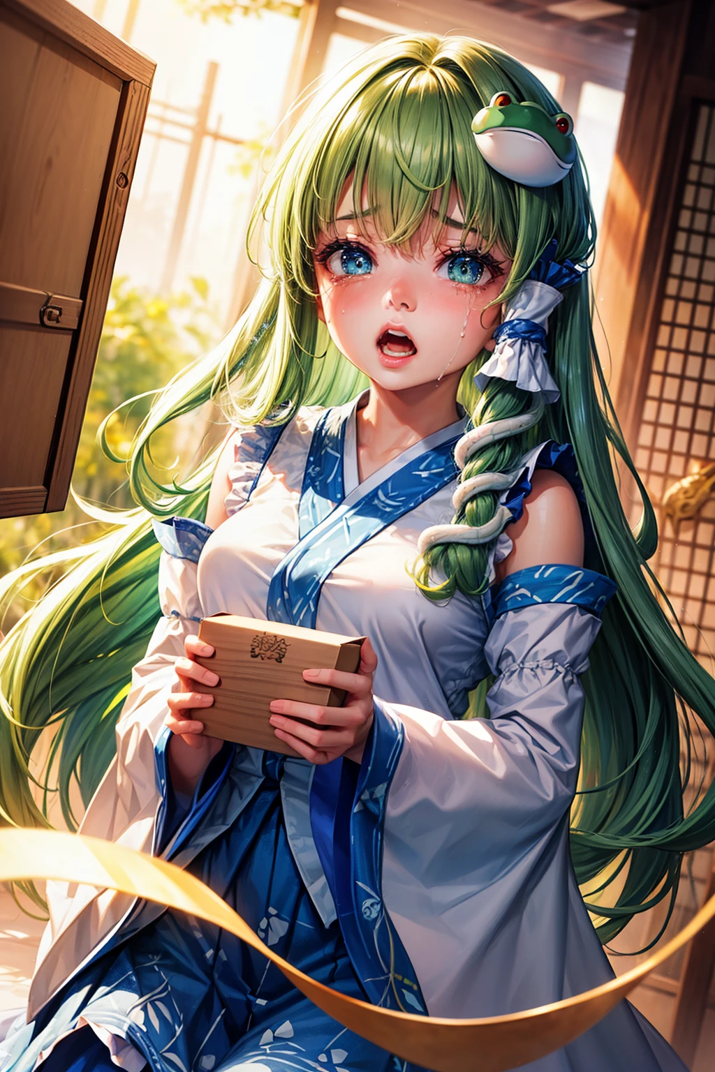 (masterpiece, top quality, best quality, beautiful and aesthetic:1.2), kochiya_sanae_touhougreen_hair, long_hair, hair_ornament, frog_hair_ornament, snake_hair_ornament, hair_tubes, blush, bangs, breasts, green_eyes, blue_eyes, japanese architecture, surprised, :o, beam, laser, glaring body, open box, box, open mouth, jaw drop, wide-eyed, panicking, horrified, screaming, sobbing, traumatized, turn pale, wavy mouth, glowing, glow, outer glow