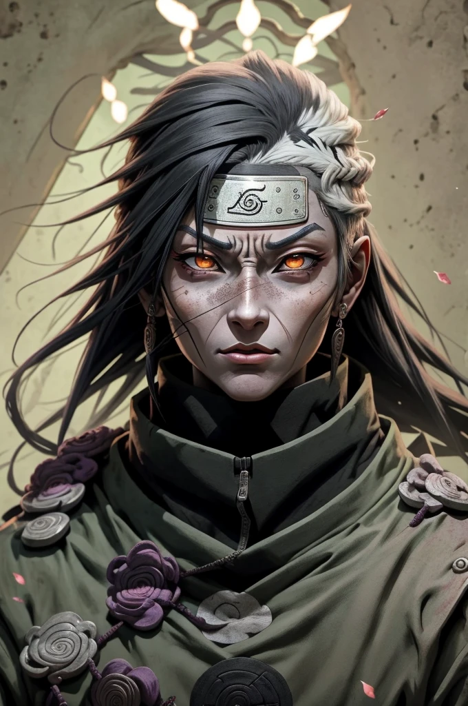 Orochimaru  is a woman , 1st grade, sozinha, Foco feminino, brilhar, olhos amarelos, heterochromatic, looking up at the audience, olhos brilhantes, Cicatrizes, Ninjas, , corpo todo