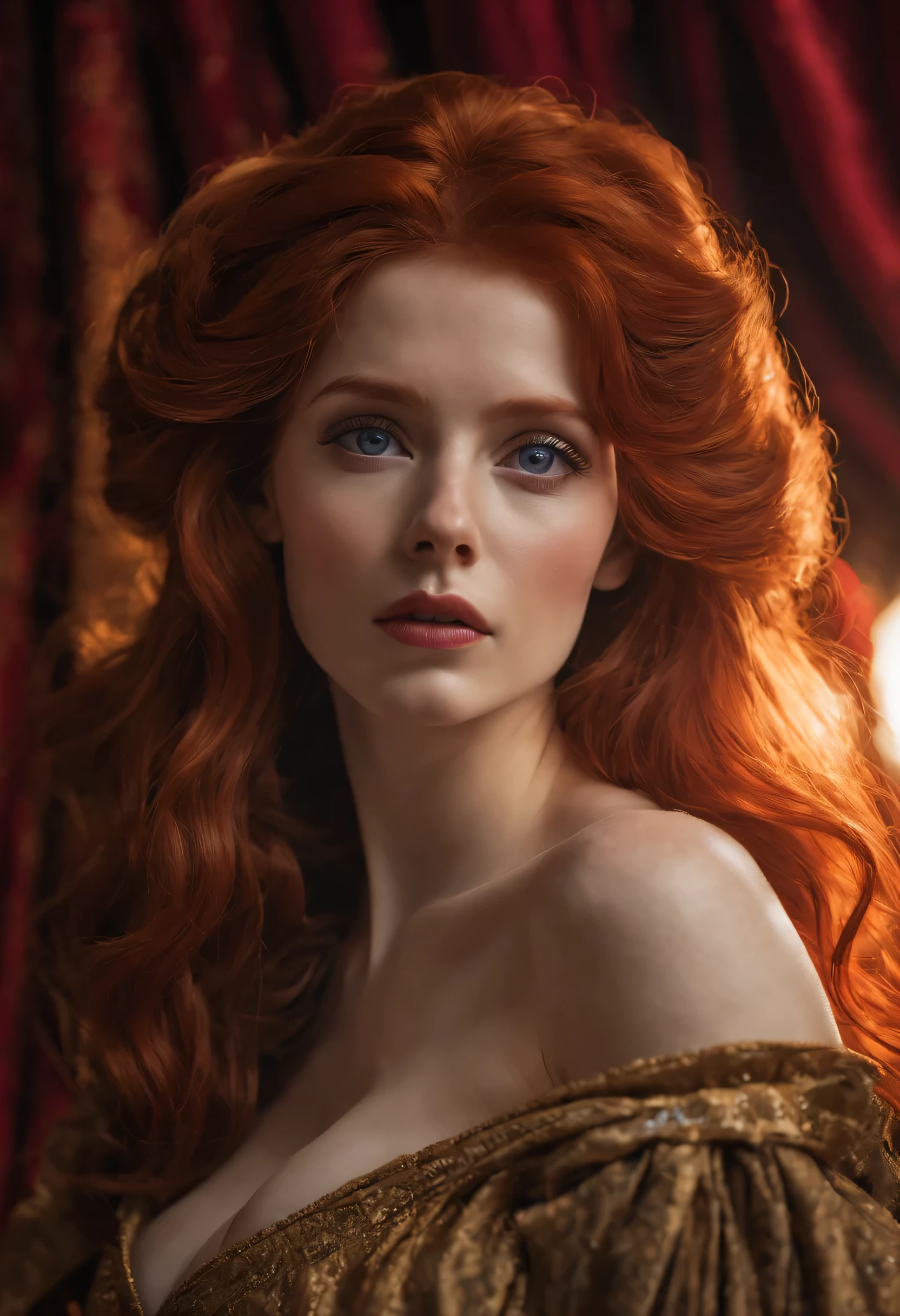 PHOTOGRAPH OF THE FACE OF A BEAUTIFUL BOMBSHEL WOMAN WITH PALE RED HAIR, ENORME CABELO LONGO, perder cabelo, CABELO MUITO VOLUMOSO, very pale skin, pele muito macia, OLHOS AZUIS AMARELO DOURADO CLARO, Sobrancelhas vermelhas, bochechas rosadas, high cheekbones, FORAME MENTAL, nariz fino, orelhas cobertas, Lips Voluminous, boca fechada, serious face, Looking at camera, PURPLE STRAPLESS CLEAVAGE, exposed neck, SEIOS VOLUMOSOS, CLOSE FACE VIEW, Vista frontal da face, STRAPLESS CLEAVAGE, TEATRO DE PALCO, Luzes de fundo, Cortinas Vermelhas, FUNDO DE CORTINAS, IMAGEM POR LENTE OBJETIVA DE 100 mm, imagem precisa, master part