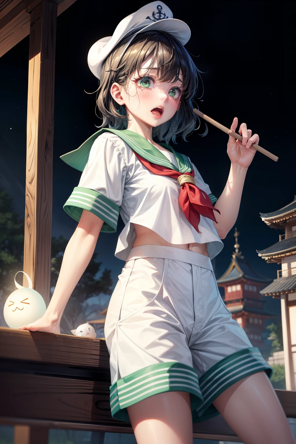 (masterpiece, top quality, best quality, beautiful and aesthetic:1.2),murasa minamitsu, sailor hat, shirt, sailor collar, white shorts, japanese architecture, surprised, :o, beam, laser, glaring body, open box, box, open mouth, jaw drop, wide-eyed, panicking, horrified, screaming, sobbing, traumatized, turn pale, wavy mouth, glowing, glow, outer glow