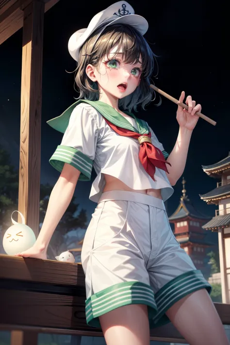 (masterpiece, top quality, best quality, beautiful and aesthetic:1.2),murasa minamitsu, sailor hat, shirt, sailor collar, white shorts, japanese architecture, surprised, :o, beam, laser, glaring body, open box, box, open mouth, jaw drop, wide-eyed, panicki...