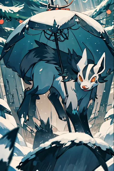 Centered, award - winning photo, (Looking at Viewer:1.2), |  Mightyena_A pokémon, |snowy forest, | Bokeh, depth of fields, Cinematic composition, |、Graena、