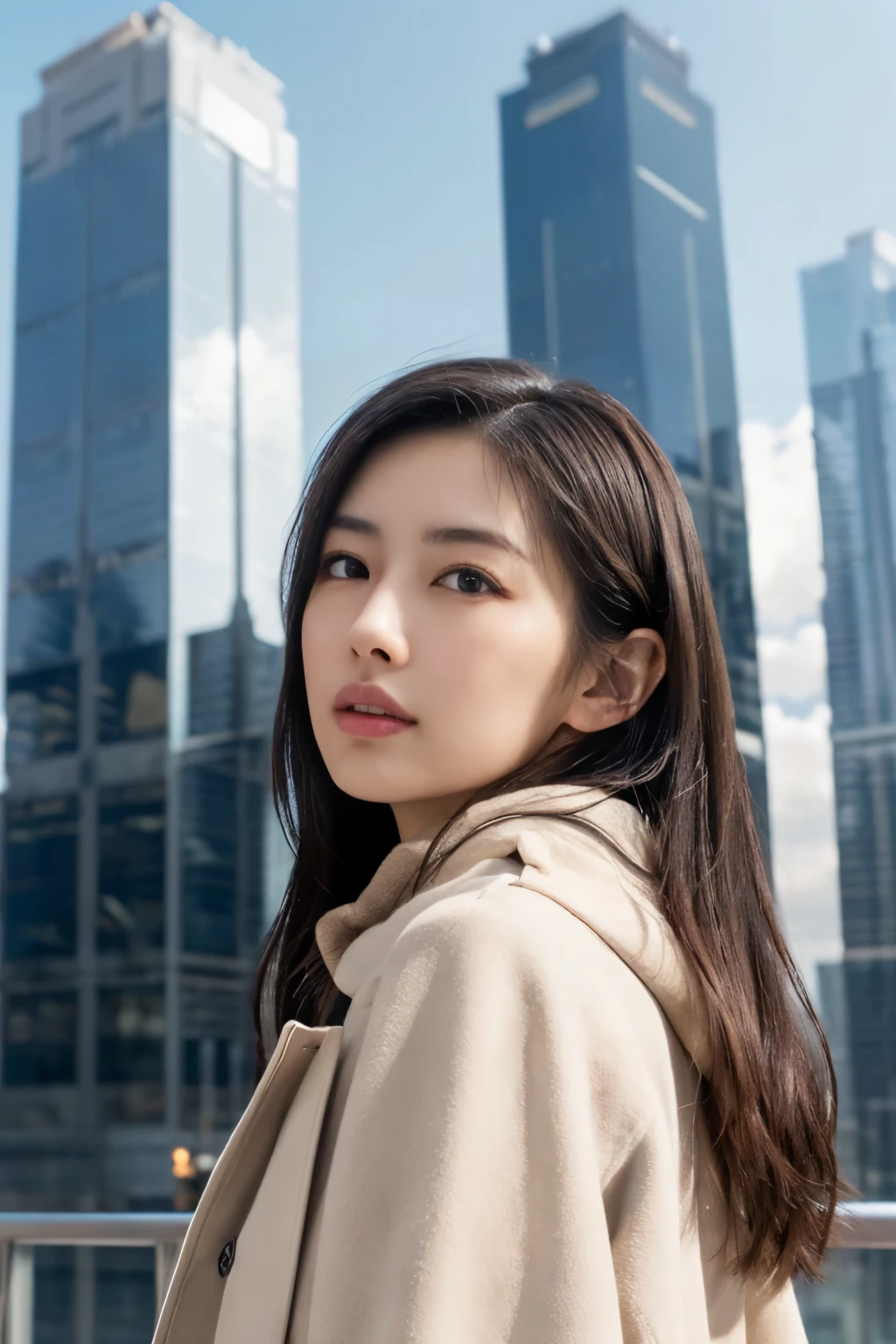 ((masutepiece:1.4, Best Quality)), (photos realistic:1.4), ((1girl in)), 
(超A high resolution:1.2), Extremely delicate and beautiful, amazing, 
the Extremely Detailed CG Unity 8K Wallpapers, Ultra-detailed, High resolution, Soft light, 
Beautiful detailed girl, extremely detailed eye and face, beautiful detailed nose, Beautiful detailed eyes, 
(light beige coat:1.4), Lustrous black hair, 
Cinematic lighting, Perfect Anatomy, Slender body, Taut,
(Glass-walled skyscrapers:1.3), (sunny winter blue sky:1.4), (Beautiful form with an inorganic atmosphere),
Cute poses, Cowboy Shot