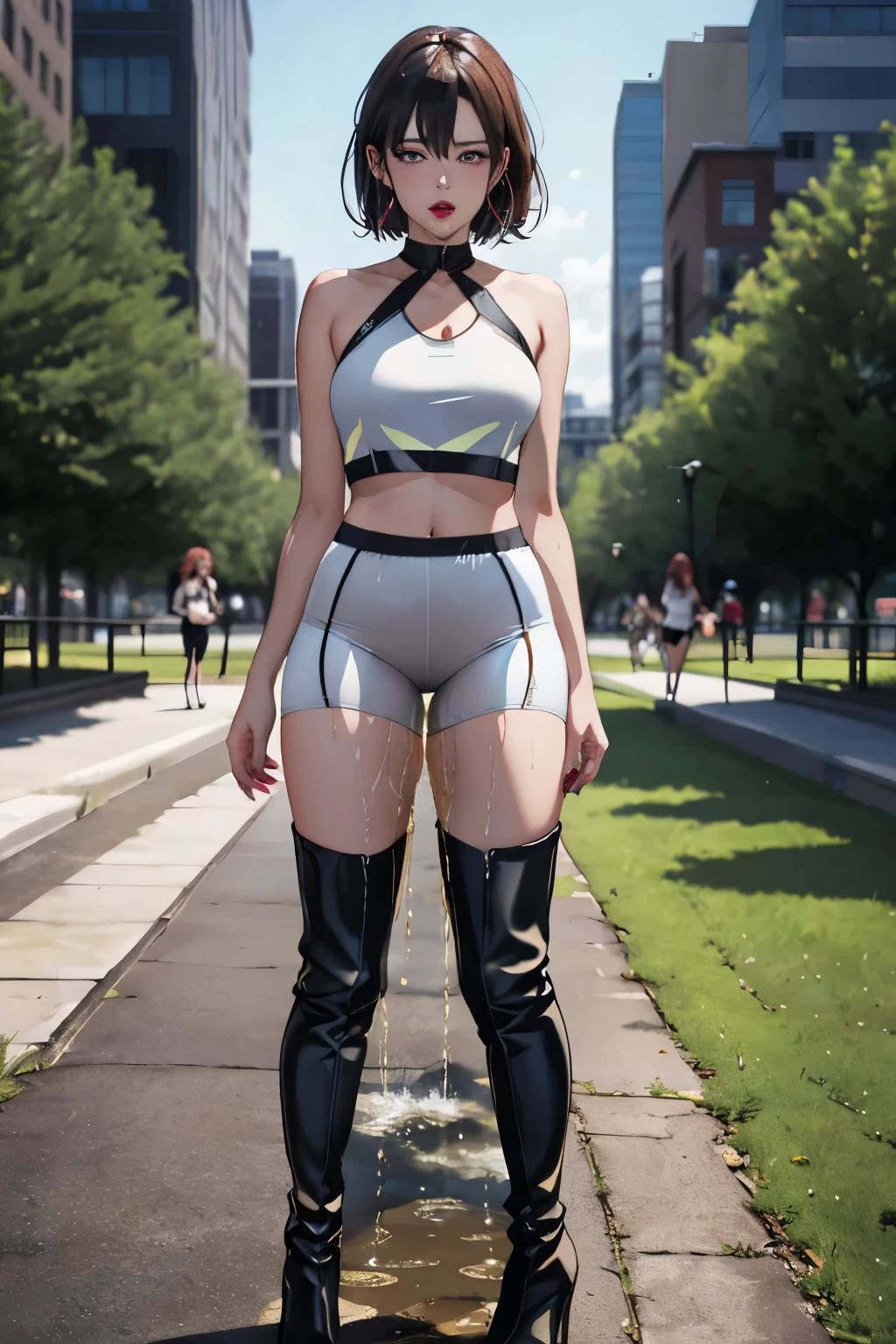 highres, beautiful women, high detail, good lighting, lewd, hentai, (((cycling shorts))), (leather halter top), (bare midriff), (cameltoe), (((leather thigh high heel boots))), (bare thighs), (wet shorts), (((wetting herself))), (((peeing herself))), pee streaming down legs, peeing stain, (puddle), (thick thighs), nice long legs, lipstick, pretty face, (full body shot), ((in city park together with group of many beautiful lesbian women holding each other))