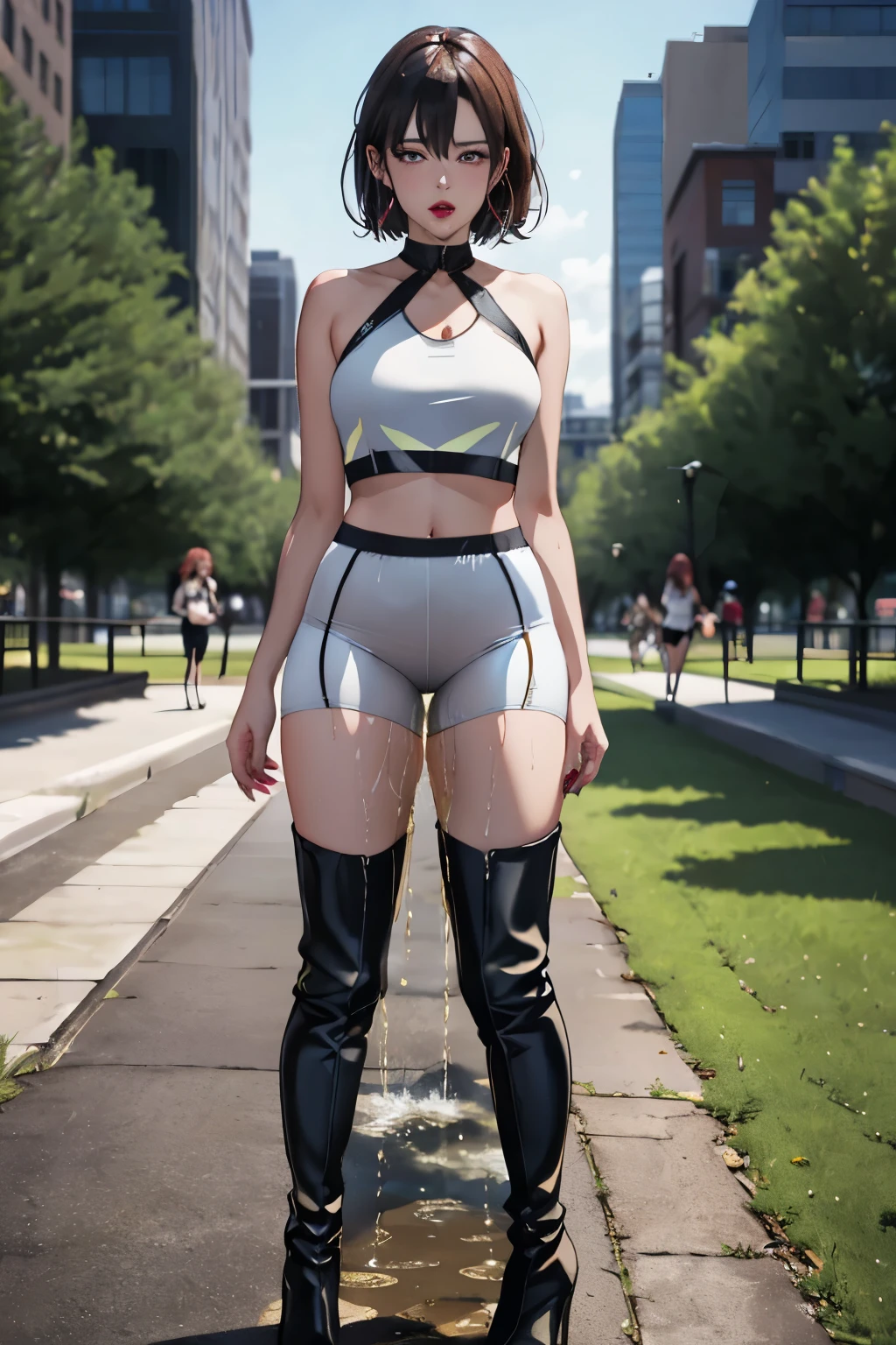 highres, schöne Frauen, hohe Detailgenauigkeit, gute Beleuchtung, Lewd, Hentai, (((Radlerhose))), (Neckholder-Top aus Leder), (nackter Bauch), (Kamelzehe), (((Overknee-Stiefel aus Leder))), (nackte Oberschenkel), (nasse Shorts), (((macht sich nass))), (((sich selbst in die Hose machen))), Pipi läuft an den Beinen herunter, pinkelnder Fleck, (Pfütze), (dicke Oberschenkel), schöne lange Beine, Lippenstift, hübsches Gesicht, (Ganzkörperaufnahme), ((im Stadtpark zusammen mit einer Gruppe vieler schöner lesbischer Frauen, die einander festhalten))