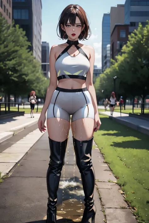 highres, beautiful women, high detail, good lighting, lewd, hentai, (((cycling shorts))), (leather halter top), (bare midriff), (cameltoe), (((leather thigh high heel boots))), (bare thighs), (wet shorts), (((wetting herself))), (((peeing herself))), pee s...