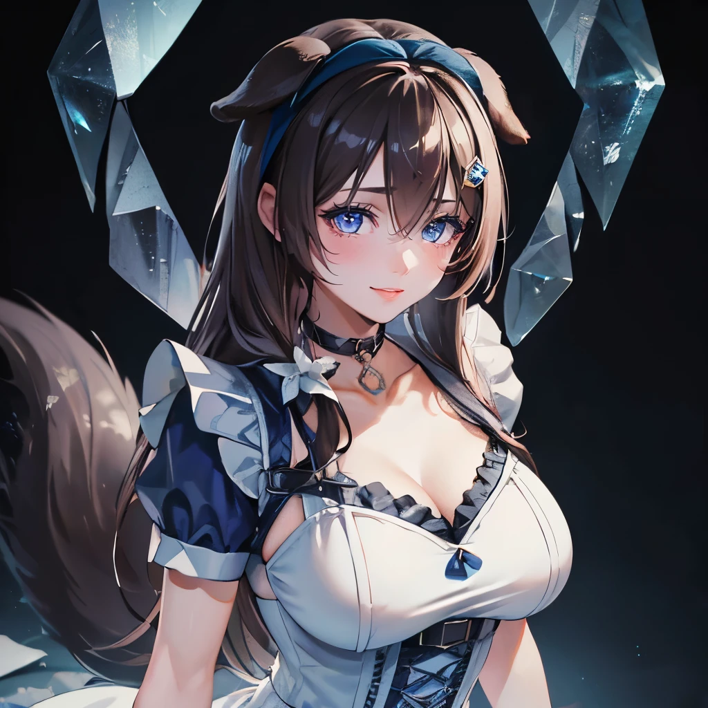 (masterpiece), 8k cg, stunningly beautiful girl, intricate details, chromatic aberration, ((bust shot)), ((looking at viewer)), 1girl, mature woman, older, (white dress, black apron, princess, black hairband, fingerless gloves, choker, frills, dog tail, shiny long black hair), freckles, tall, large breasts, curvy, ((((Sapphire Blue Eyes)))), extremely beautiful and delicate portrait, 30 year old, woman, smile, blush, makeup, absurdres, cinematic lighting, dynamic lighting, fantasy, ((dark background, fog))