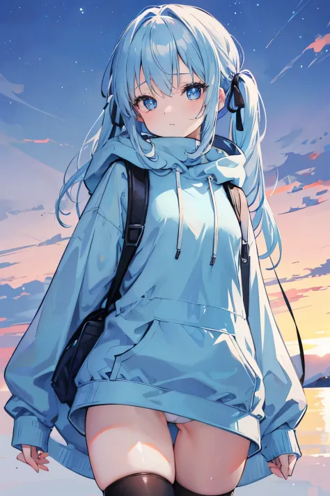 1girl, with light blue eyes, light blue hair, wearing a hair ribbon, blue and white long hoodie, no pants, the scene is set in winter, sunset, looking directly at the viewer, thighhighs, (spread legs wide open), show panties, carrying a rucksack, black tur...