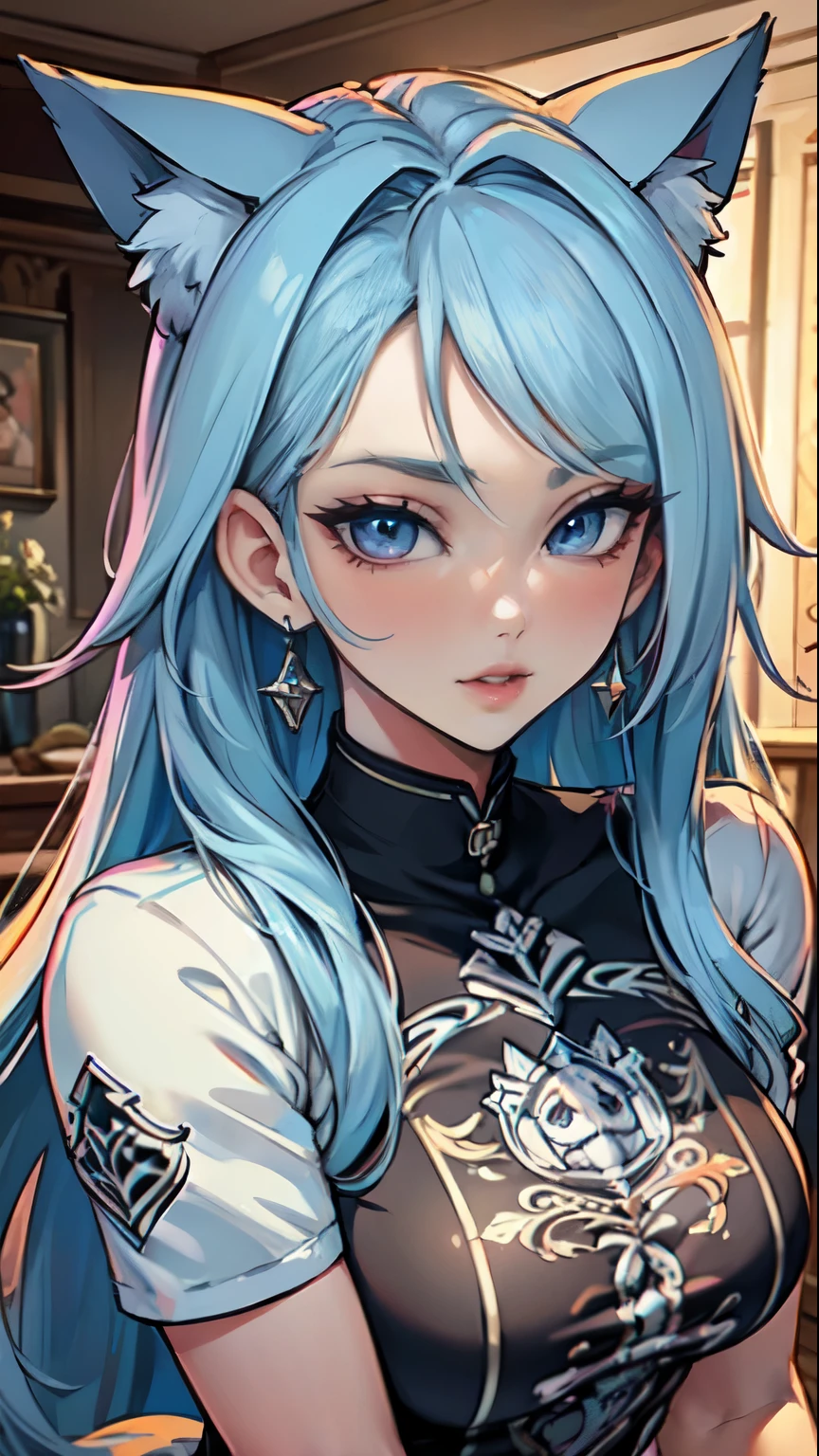 Masterpiece, beautiful art, professional artist, 8k, art style by sciamano240, very detailed face, very detailed hair, 1girl, perfectly drawn body, beautiful face, long hair, light blue hair , very detailed blue vertical cat eyes, pouty lips , rosey cheeks, intricate details in eyes, black tigh boots, earrings, simply wearing a hockey jersey, home setting,