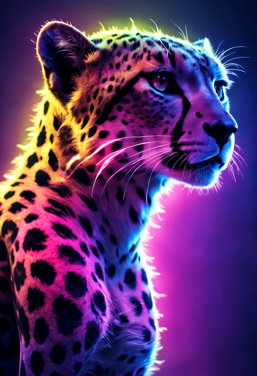 Ultra detailed illustration of the silhouette of a leopard, phantasmagorical figure, (((translucent skin:1.5))), (((translucent body:1.5))), neon lights, light particles, colorful, cmyk colors, backlit, cyberpunk