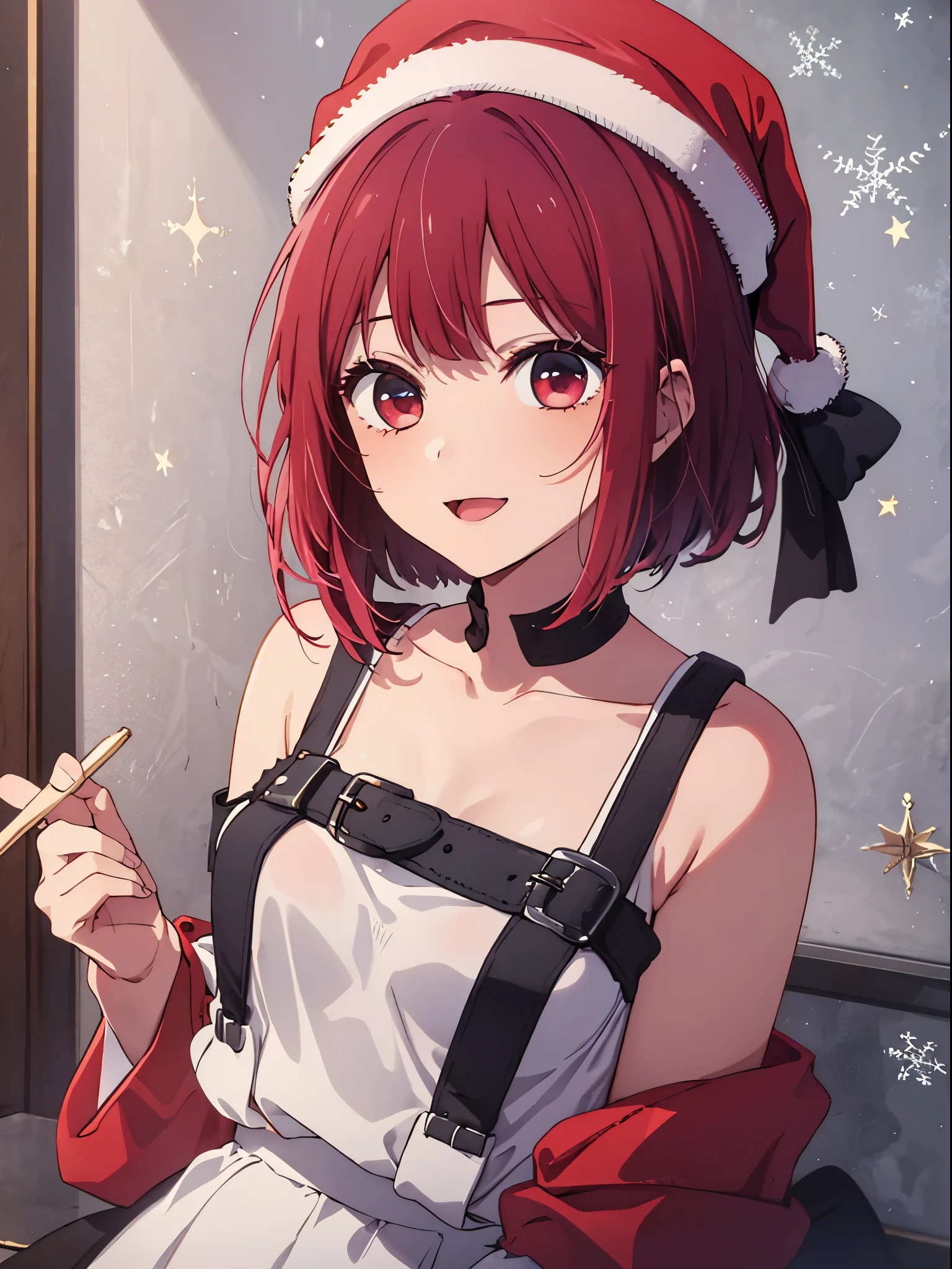 ​masterpiece、ighly detailed、(1 girl in:1.2)、Red hair、big eye、(((a closeup)))、smil、short-hair、(((anime styled)))、(((2D)))、Red Eyes、Open your mouth、(((santa )))、(((Christmas)))、8K、