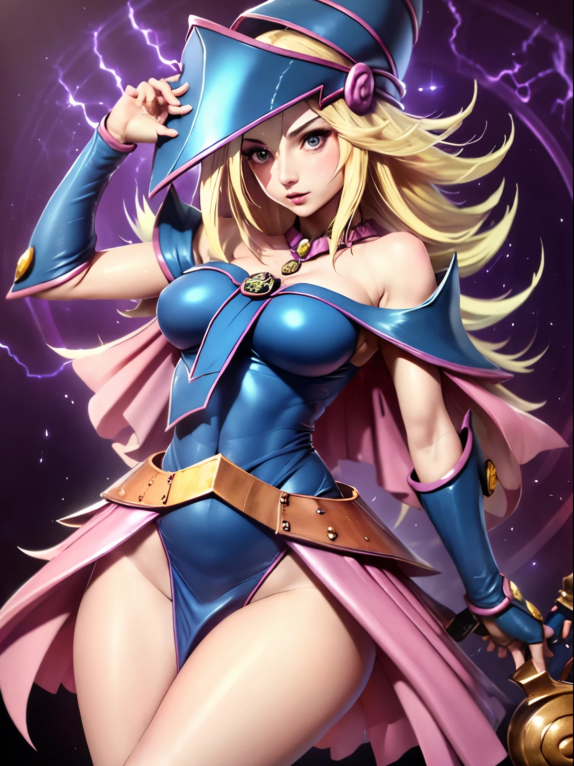 ultra-detailed, extremely detailed, Masterpiece, sthe highest qualit, The best quality, absurdities, highres, dark magician girl, (1girl: 1.2), Alone, detailed face, dynamic  pose, hair flow, (whole body: 1.1), blond hair, long hair, looking at the viewer, green eyes, skindentation, detailed skin, skin pores, (shiny skin, shiny skin: 1.1), Pink leather details, old, toenail polish, Skirt, blue shoes, blue hat, Wizard hat,  Wand, holding hat, (blue panties: 0.9), (summoning circle: 1.1), hexagram, pentacle, staff, yu-gi-oh!, duel monster, Purple Magic Field, radiance, detailed background, intricate background, Subjective and sensual pose