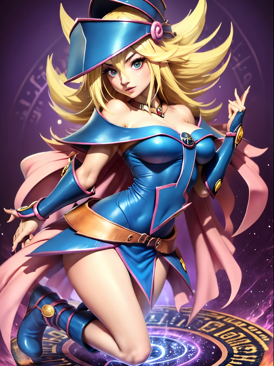 ultra-detailed, extremely detailed, Masterpiece, sthe highest qualit, The best quality, absurdities, highres, dark magician girl, (1girl: 1.2), Alone, detailed face, dynamic  pose, hair flow, (whole body: 1.1), blond hair, long hair, looking at the viewer, green eyes, skindentation, detailed skin, skin pores, (shiny skin, shiny skin: 1.1), Pink leather details, old, toenail polish, Skirt, blue shoes, blue hat, Wizard hat,  Wand, holding hat, (blue panties: 0.9), (summoning circle: 1.1), hexagram, pentacle, staff, yu-gi-oh!, duel monster, Purple Magic Field, radiance, detailed background, intricate background, Subjective and sensual pose