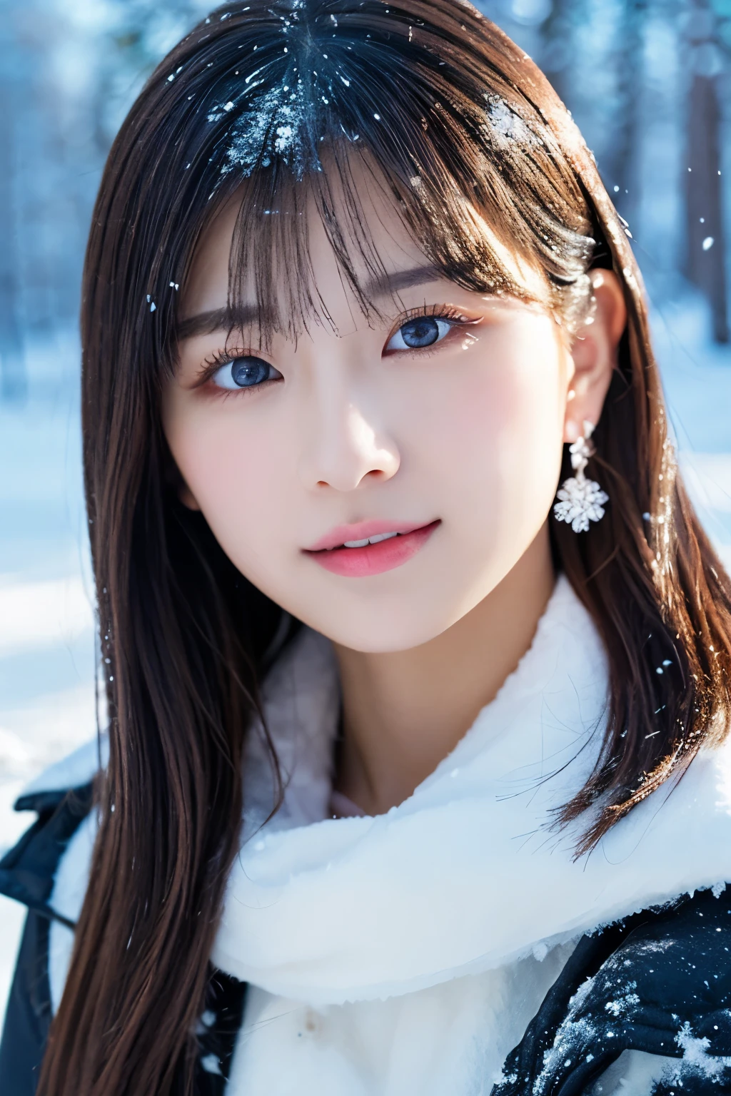 1girl in, (white winter costume:1.2), Japanese beautiful actress,
(Raw photo, Best Quality), (Realistic, Photorealsitic:1.4), (masutepiece), photogenic,
Snow Princess, Beautiful detailed eyes, Beautiful detailed lips, extremely detailed eye and face, long eyelashes,
Snowflake Earrings,
BREAK
(Frozen snow field in winter Lapland), 
Sparkling snowflakes, ethereal beauty, Swirling snowflakes, Snowy trees々, 
Powder snow, snow-capped mountain, Icy breath,
A silver world filled with dazzling light, (snowflakes are shining in the air:1.4), 
Blue and silver color scheme, dramatic  lighting, Fantastic atmosphere,  
BREAK 
Perfect Anatomy, Slender body, Small, Short hair, Parted bangs, Angel Smile,
Crystal-like skin, Clear eyes, catchlight