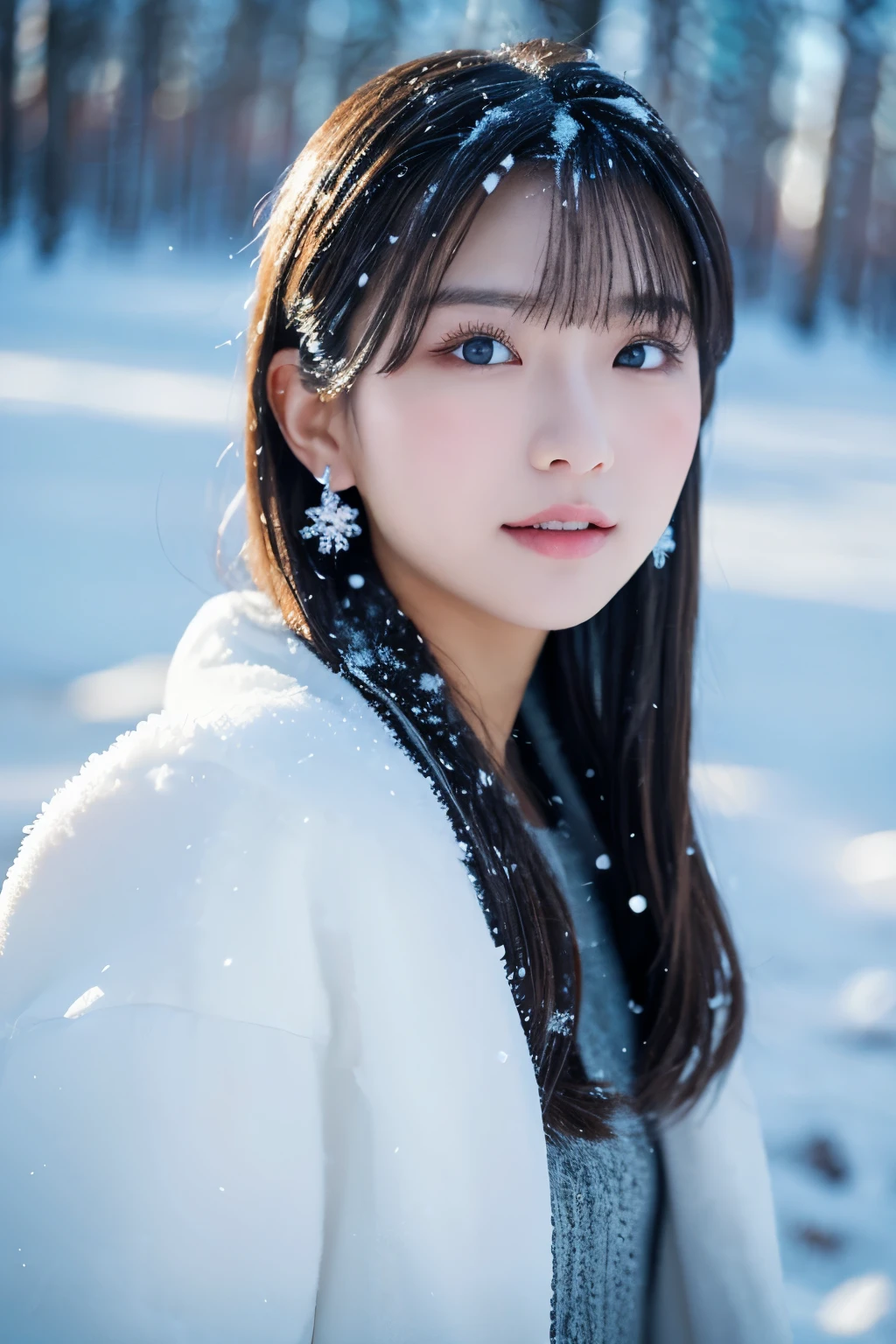 1girl in, (white winter costume:1.2), Japanese beautiful actress,
(Raw photo, Best Quality), (Realistic, Photorealsitic:1.4), (masutepiece), photogenic,
Snow Princess, Beautiful detailed eyes, Beautiful detailed lips, extremely detailed eye and face, long eyelashes,
Snowflake Earrings,
BREAK
(Frozen snow field in winter Lapland), 
Sparkling snowflakes, ethereal beauty, Swirling snowflakes, Snowy trees々, 
Powder snow, snow-capped mountain, Icy breath,
A silver world filled with dazzling light, (snowflakes are shining in the air:1.4), 
Blue and silver color scheme, dramatic  lighting, Fantastic atmosphere,  
BREAK 
Perfect Anatomy, Slender body, Small, Short hair, Parted bangs, Angel Smile,
Crystal-like skin, Clear eyes, catchlight