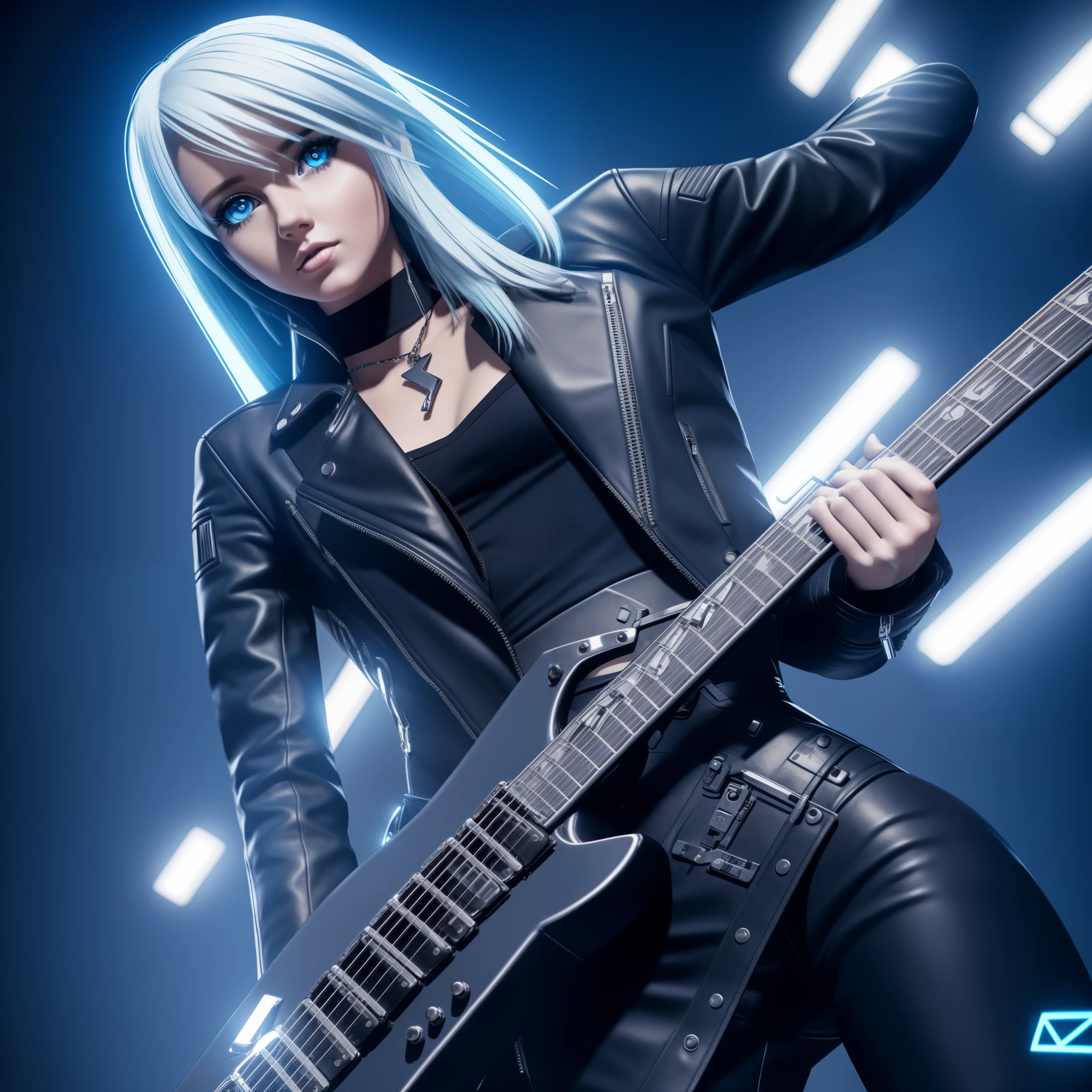 female rock guitar, 8k, fotorealism, cute, blue eyes, blonde, fullbody, perfect legs, perfect hands, metal, cyber punk, black jacket