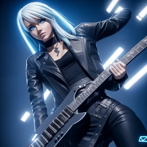 female rock guitar, 8k, fotorealism, cute, blue eyes, blonde, fullbody, perfect legs, perfect hands, metal, cyber punk, black ja...