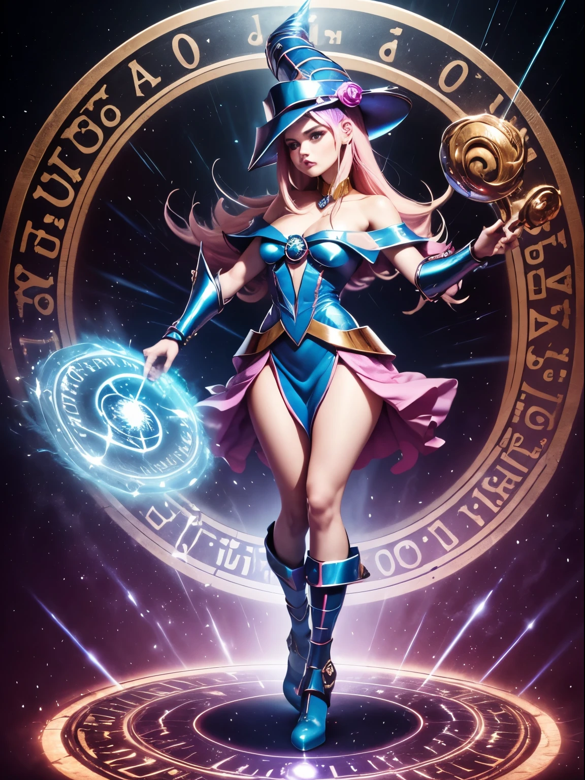 ultra-detallado, extremadamente detallado, obra maestra, la más alta calidad, la mejor calidad, absurdos, alta resolución, dark magician girl, (1 chica: 1.2), solo, cara detallada, pose dinámica, flujo de cabello, (cuerpo completo: 1.1), cabello rubio, cabello largo, mirando al espectador, ojos verdes, dentadura cutánea, piel detallada, poros de la piel, (piel brillante, piel brillante: 1.1), detalles de piel rosada, senos, esmalte de uñas de los pies, falda, calzado azul, sombrero azul, sombrero de mago,  varita, sosteniendo el sombrero, (bragas azules: 0.9), (círculo de invocación: 1.1), hexagrama, pentáculo, Pentagrama, yu gi oh!, monstruo de duelo, Campo Mágico Púrpura, resplandor, fondo detallado, fondo intrincado, Pose sujestiva y sensual