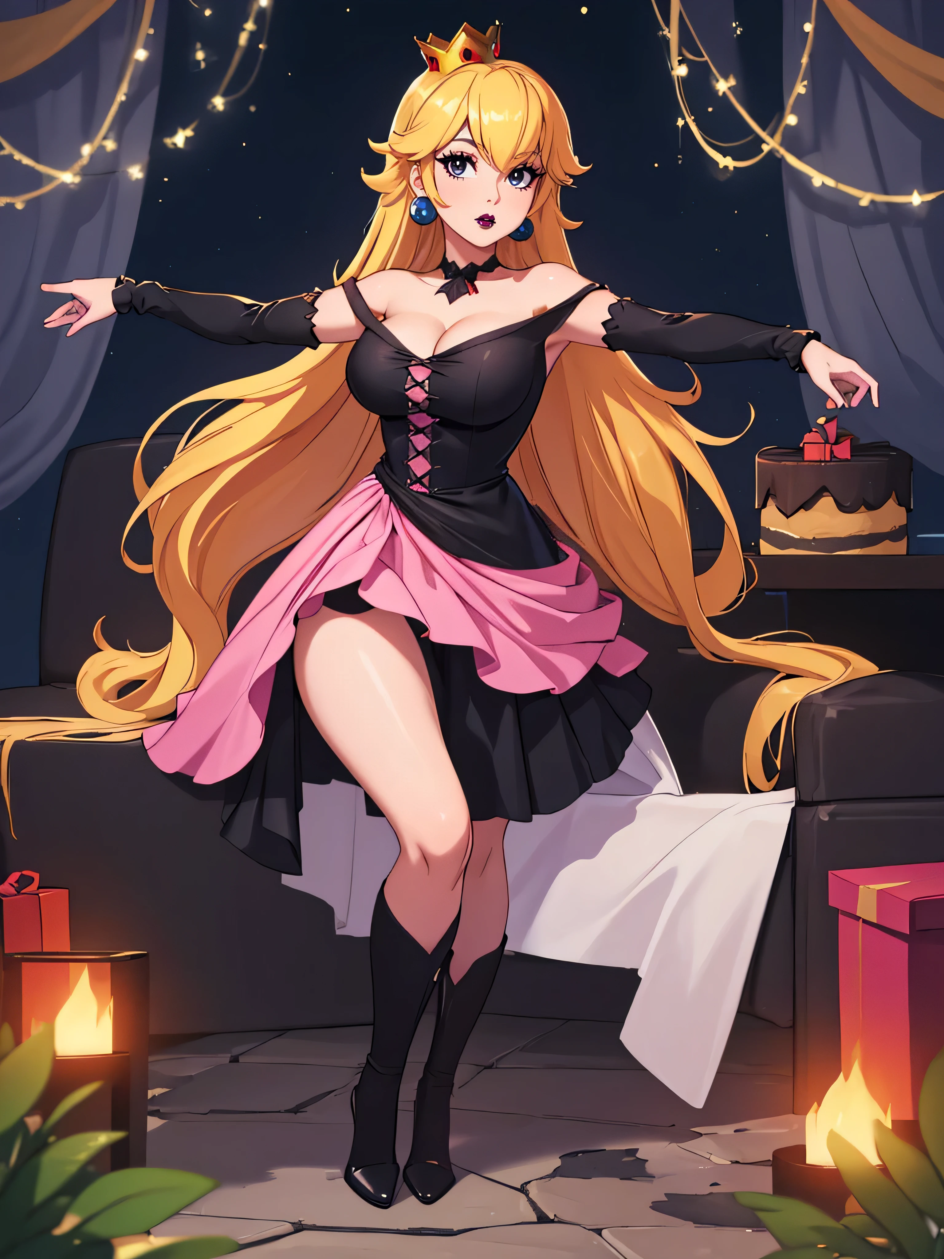 ((high detailed, best quality, 4k, masterpiece, hd:1.3)), ((best quality)), ((HD)), ((8k)), (ultraHD), log cabin, bonfire, Christmas Tree, X-Mas tree, Princess Peach with christmas gifts, BREAK blue eyes, seductive, attractive, smooth anime cg art, 36C breasts, cleavage, long legs, vivid colors, detailed digital art, slim body, perfect skin, blonde hair over one eye, BREAK crown, cleavage, looking at viewer, BREAK looking at viewer, extremely detailed face, pink_T-shirt, pink T-Shirt, black_thong, black_gstring_thong, black thong, earrings, gem, dark black makeup lips, (black high heels), high heels, dark gothic eyeshadows, dark eyeshadows, black eyeshadows, black sexy lips, black lips, (dark:1.2), dark lips, very dark lips, (perfect hands, perfect anatomy), black makeup, black lips, detailed fingers, five fingers per hand, 5 fingers, (1 girl), (solo:1.3), detailed lips, detailed black lips, black painted lips, gothic painted lips, (breast focus), (breasts out:1.3), (off shoulder:1.1), ((Arms outstretched:1.2))