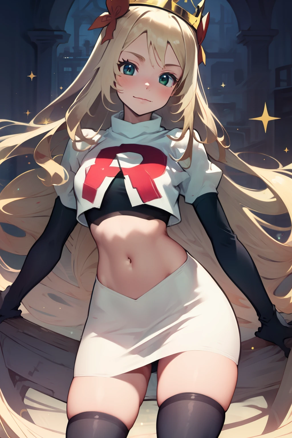 celinefe, celinecrown, team rocket uniform, red letter R, white skirt,white crop top,black thigh-high boots,black elbow gloves, cowboy shot, posing, sparkles of light around the elbow gloves