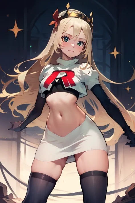 celinefe, celinecrown, team rocket uniform, red letter r, white skirt,white crop top,black thigh-high boots,black elbow gloves, ...