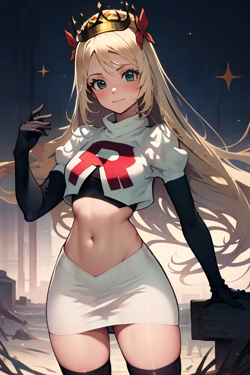 celinefe, celinecrown, team rocket uniform, red letter R, white skirt,white crop top,black thigh-high boots,black elbow gloves, cowboy shot, posing, sparkles of light around the elbow gloves