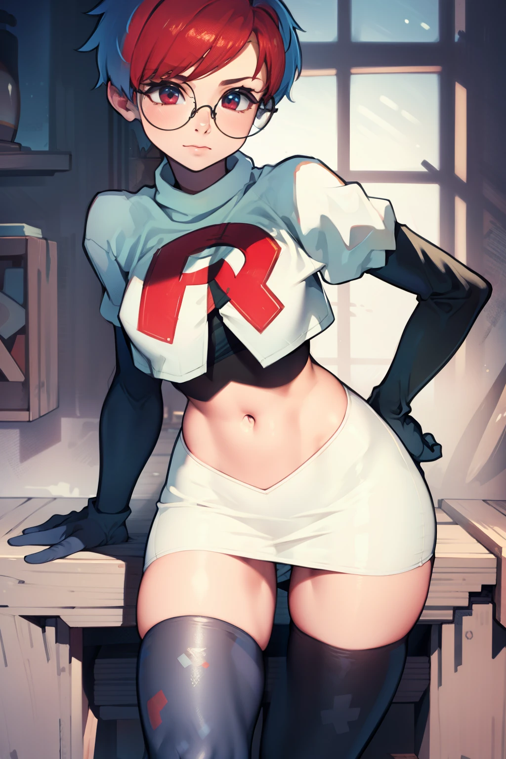 Penny, Gläser, Team Rocket, Team Rocket uniform, roter Buchstabe R, weißer Rock, weißes bauchfreies Top, schwarze Overknee-Stiefel, schwarze Ellbogenhandschuhe,