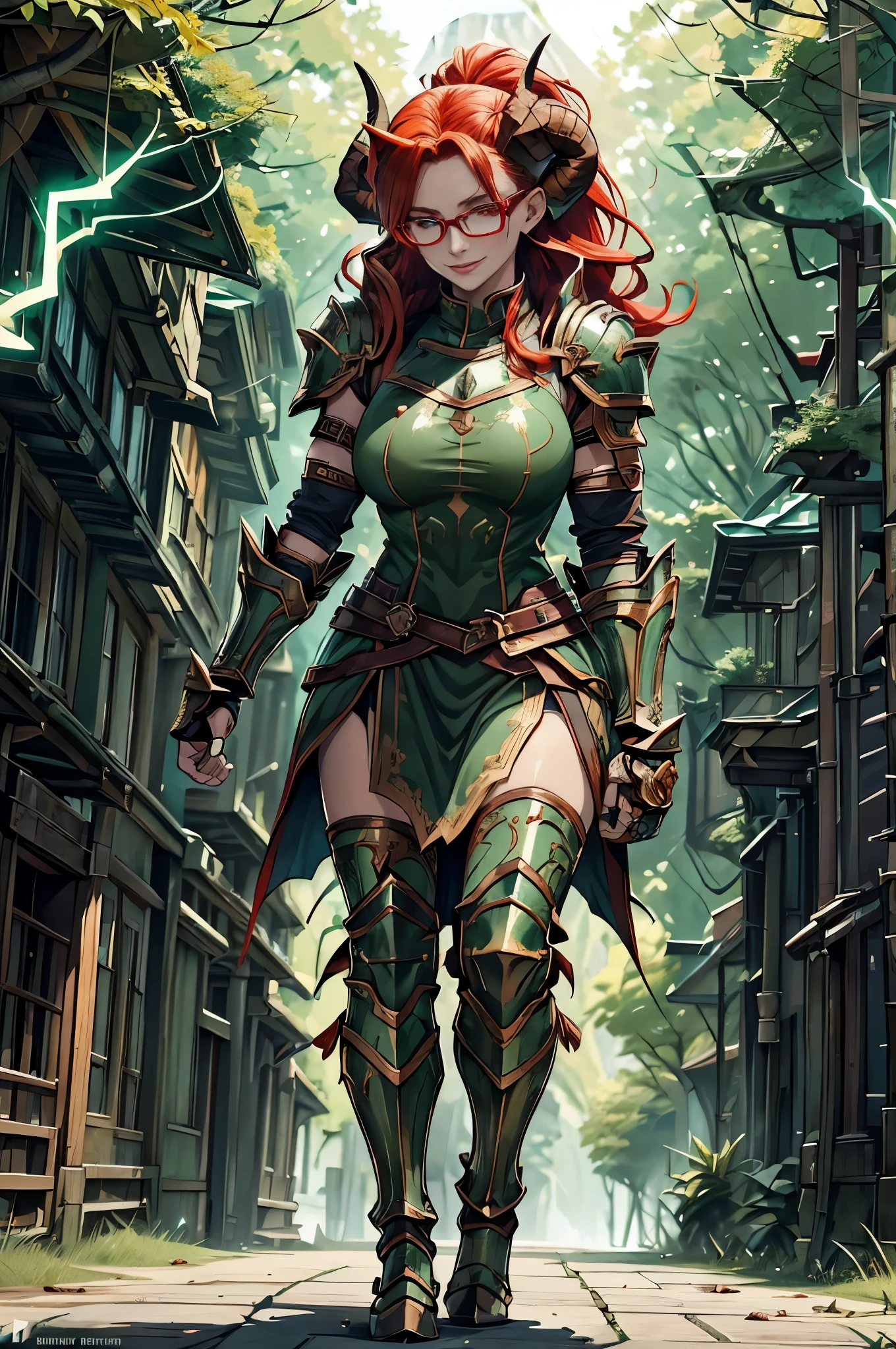 (aesir god)+(redhead woman:1.1),(ponytail:1.1),(fine face:1.1),(horns:1.1),(glasses:1.1),detailed eyes,detailed lips,red hair,beautiful face,expressive eyes,stylish glasses,gorgeous redhead woman,impressive ponytail,unique horns,[natural lighting],(best quality:1.2),vibrant colors,charming expression,subtle smile,ethereal beauty,modern aesthetic,artistic portrait,high-resolution details