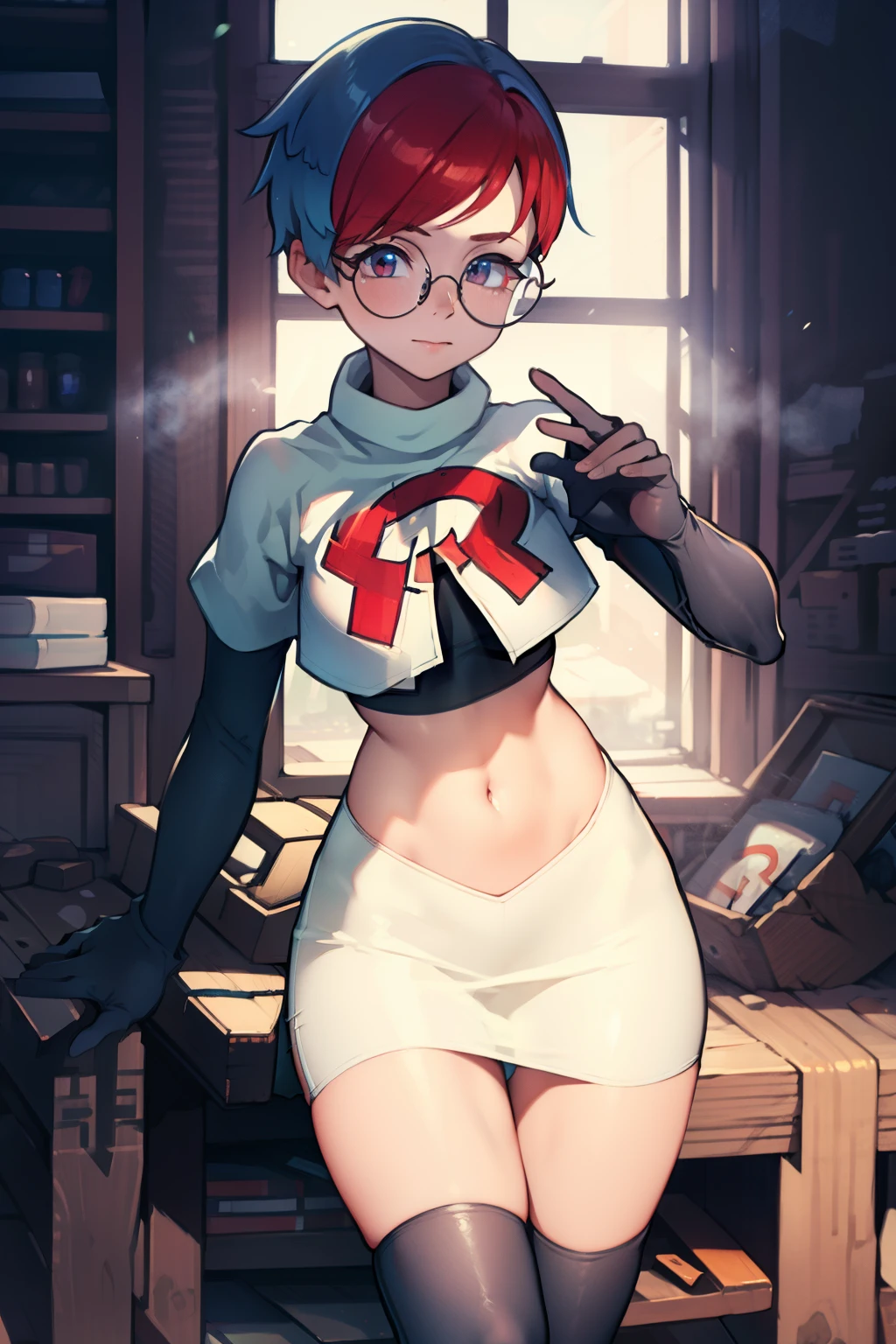 Penny, glasses, team rocket, team rocket uniform, red letter R, white skirt, white crop top, black thigh-high boots, black elbow gloves,