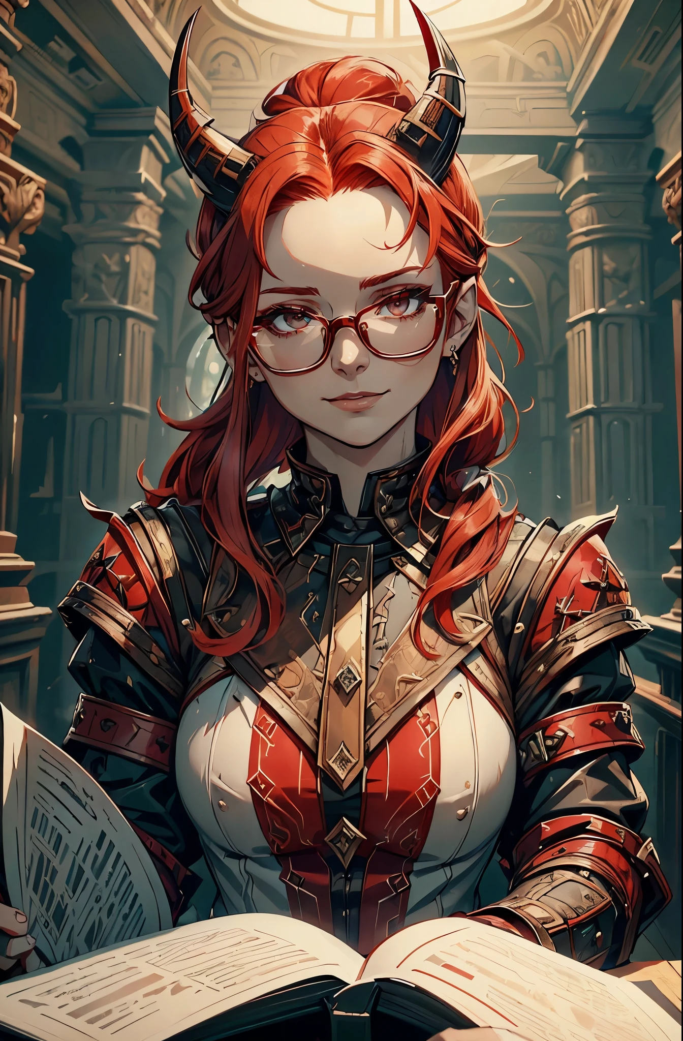 (aesir god)+(redhead woman:1.1),(ponytail:1.1),(fine face:1.1),(horns:1.1),(glasses:1.1),detailed eyes,detailed lips,red hair,beautiful face,expressive eyes,stylish glasses,gorgeous redhead woman,impressive ponytail,unique horns,[natural lighting],(best quality:1.2),vibrant colors,charming expression,subtle smile,ethereal beauty,modern aesthetic,artistic portrait,high-resolution details