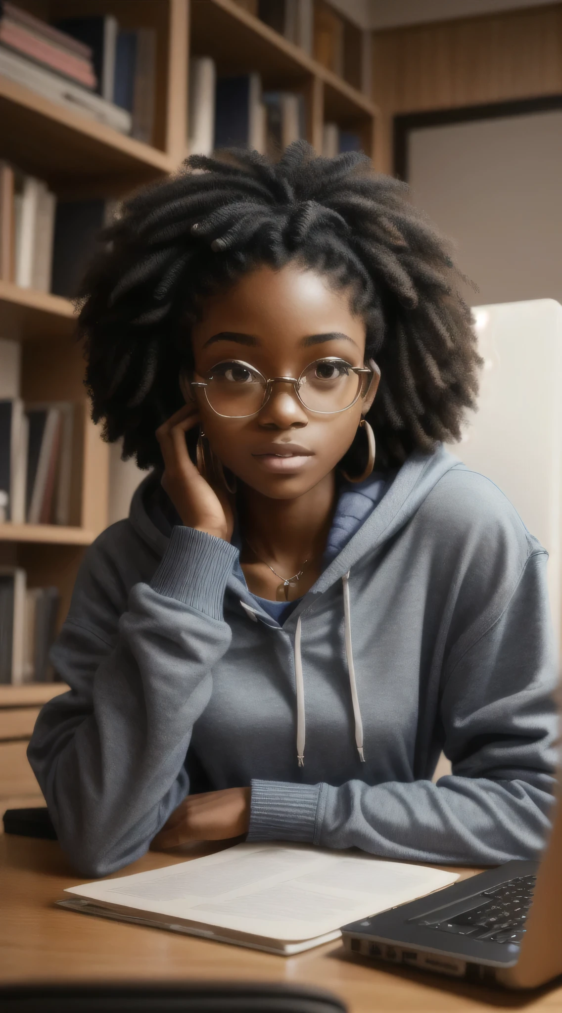 African-american, studying, using laptop, sitting at a desk, staring at laptop, side view, looking at laptop, black girl with short curly wearing a gaming headset. she's doing a collage course on her pc. her room is cozy with lots of books and plants. she's wearing a hoodie and jeans. She have a sad facial expression. her ears are pierced with beautiful earrings. she's beautiful and elegant.