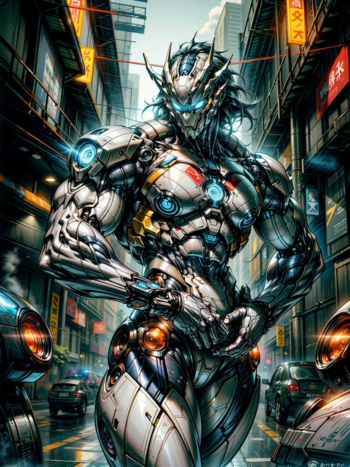 (megan fox), Cinematic, hyper-detailed, and insanely detailed, this artwork captures the essence of a muscular cyborg girl. Beau...