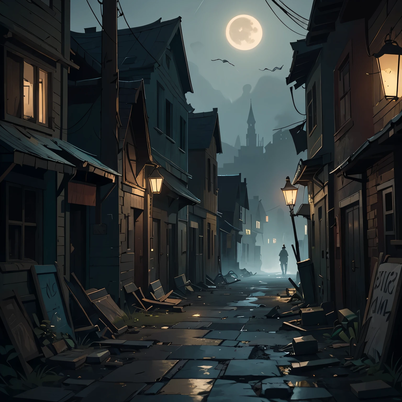 (best quality,highres,ultra-detailed),dark and eerie night scene of neglected streets in small mountain villages, villagers, ancient houses, very detailed and realistic portrayal, with a sense of despair and neglect. The scene is bathed in a somber and terrifying atmosphere, filled with shadows, and a lack of proper care. The streets are lined with worn-out cobblestones, the houses show signs of decay, and the overall ambiance is haunting. The villagers can be seen wandering the streets with tired expressions, wearing tattered clothes, and their eyes reflecting a sense of hopelessness. The moon casts an ominous glow on the scene, illuminating the dilapidated buildings and highlighting the emptiness and neglect. The color palette consists of deep, muted tones, with hints of blues and grays, conveying the desolation and abandonment of the place. The lighting is low and contrasts sharply with the few flickering streetlights, emphasizing the eerie and mysterious atmosphere.