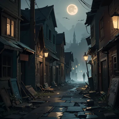 (best quality,highres,ultra-detailed),dark and eerie night scene of neglected streets in small mountain villages, villagers, anc...