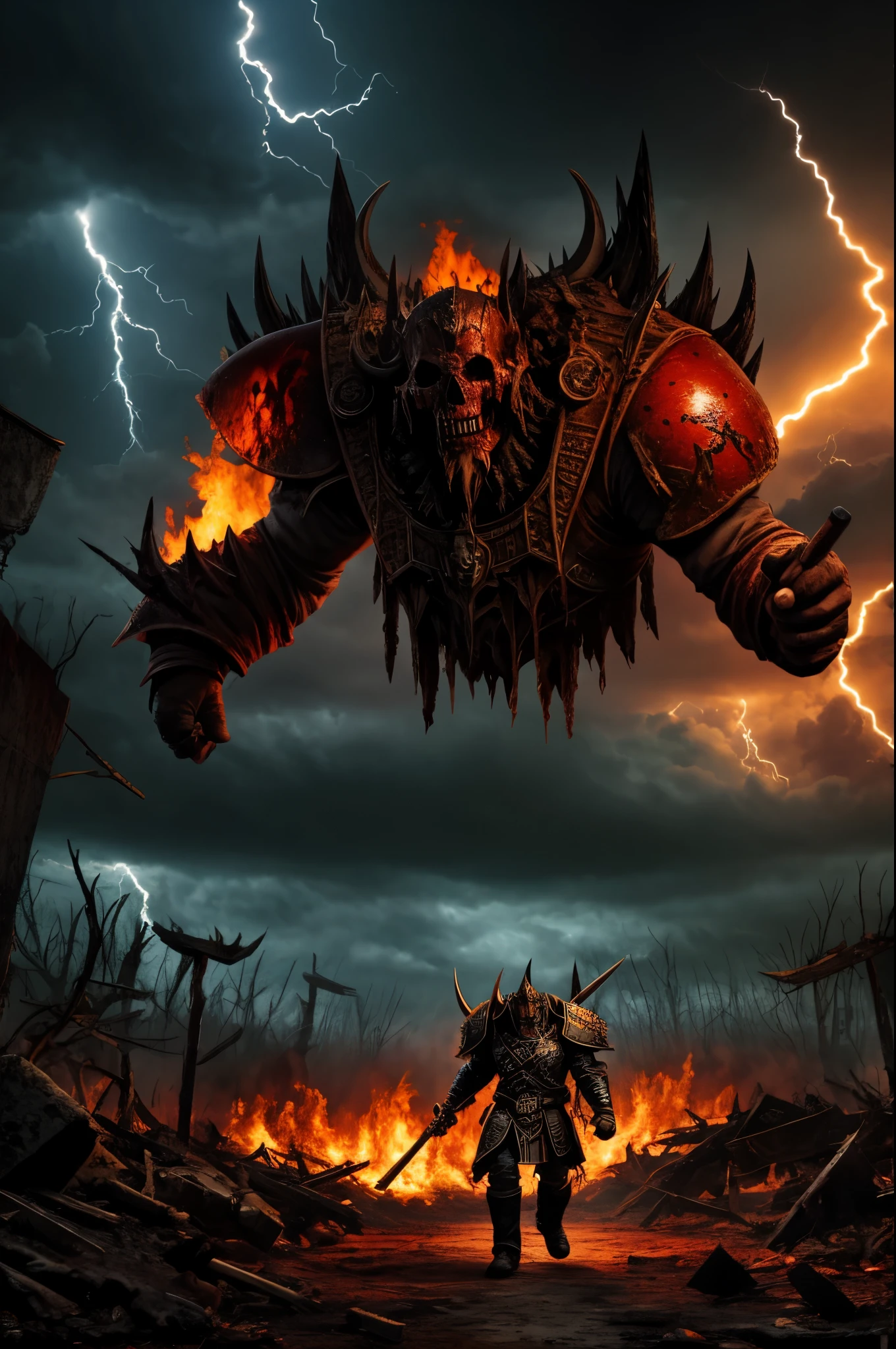 (highres:1.2),realistic,a warhammer 40k chaos marine of khorne,strolls through a bloody battlefield,collecting skulls,grim and dark atmosphere,chaotic and violent scene,detailed blood splatters and gore,gloomy lighting and shadows,demonic creatures dancing in the background,ominous and eerie ambience,heavy armor covered in spikes and skulls,sharp and menacing weapon with bloodstains,red and black color scheme,hellish and fiery landscape,ominous storm clouds and lightning,destructed and ruined buildings,war-torn and desolate environment,ominous chants and screams in the air