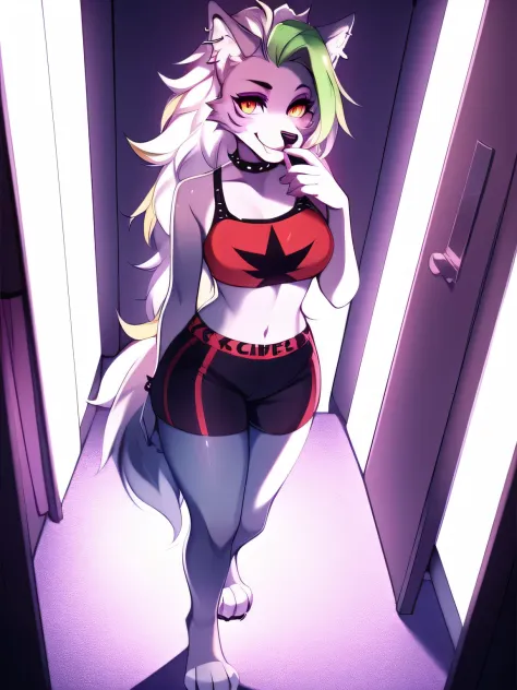Solo:1.2, by hyattlen, By fumiko, Fnafroxanne, FNAF, Roxanne Wolf, white hair, green bangs, in a dressing room, club lighting, overhead view, red Bikeshorts, anthro wolf girl, standing on the floor, yellow eyes, feet in frame, 4 toes, smiling softly