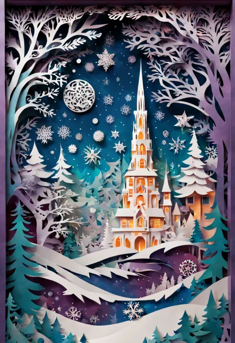 A space vision, made entirely of sheets of paper cut out in the cut-out style, kirigami and snowflakes, it's very detailed and t...