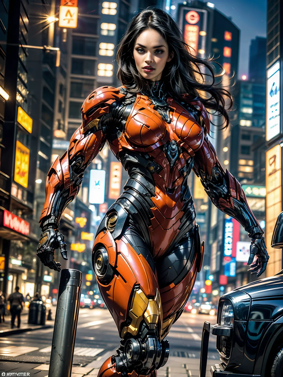 (megan fox), Cinematic, hyper-detailed, and insanely detailed, this artwork captures the essence of a muscular cyborg girl. Beau...