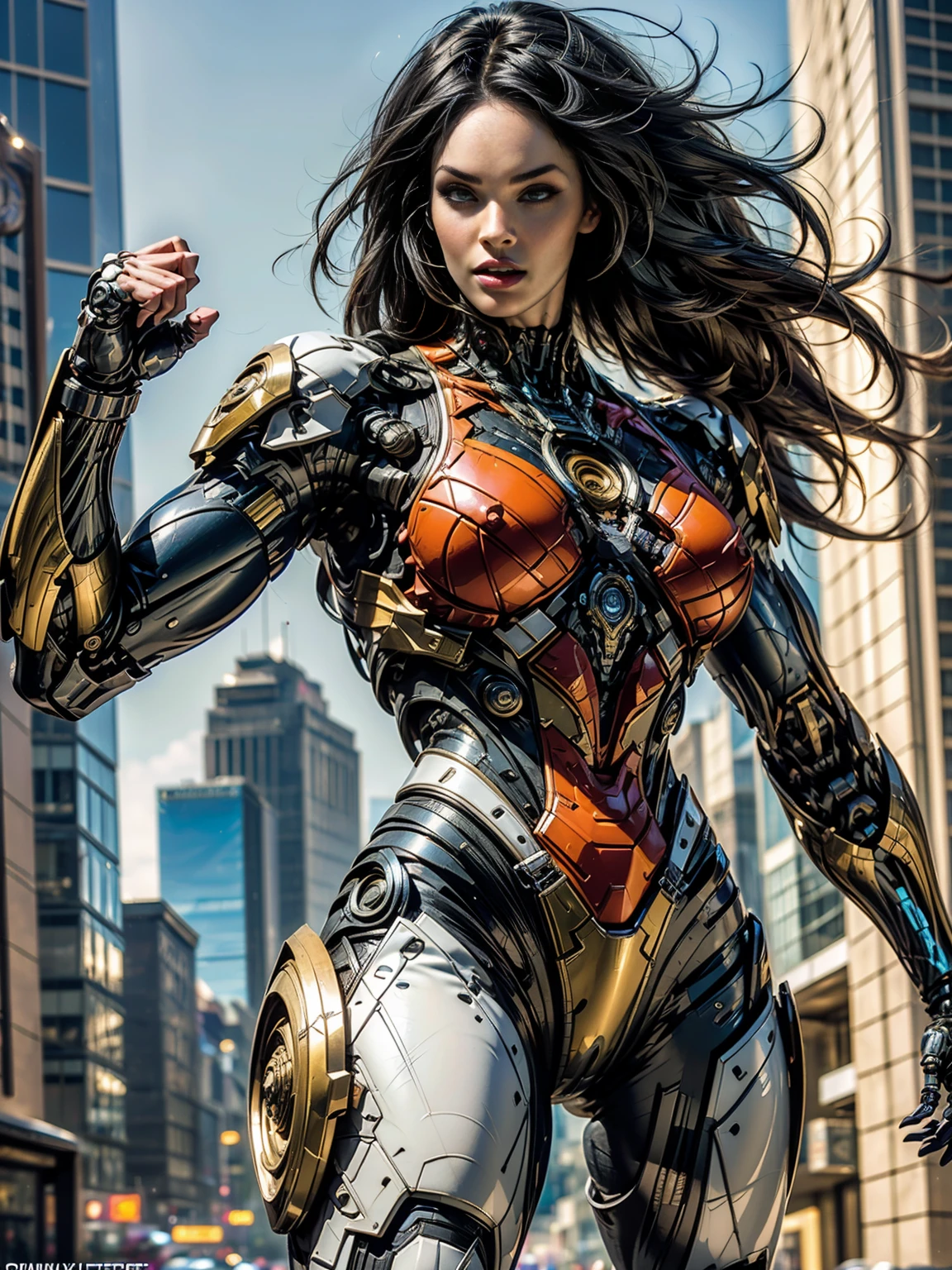 (megan fox), Cinematic, hyper-detailed, and insanely detailed, this artwork captures the essence of a muscular cyborg girl. Beautiful color grading, enhancing the overall cinematic feel. Unreal Engine brings her anatomic cybernetic muscle suit to life, appearing even more mesmerizing. With the use of depth of field (DOF), every detail is focused and accentuated, drawing attention to her eyes and the intricate design of the anatomic cybernetic muscle suit . The image resolution is at its peak, utilizing super-resolution technology to ensure every pixel is perfect. Cinematic lighting enhances her aura, while anti-aliasing techniques like FXAA and TXAA keep the edges smooth and clean. Adding realism to the anatomic cybernetic muscle suit, RTX technology enables ray tracing. Additionally, SSAO (Screen Space Ambient Occlusion) gives depth and realism to the scene, the girl's anatomic cybernetic muscle suit become even more convincing. In the post-processing and post-production stages, tone mapping enhances the colors, creating a captivating visual experience. The integration of CGI (Computer-Generated Imagery) and VFX (Visual Effect brings out the anatomic cybernetic muscle suit's intricate features in a seamless manner. SFX (Sound Effects) complement the visual artistry, immersing the viewer further into this fantastic world. The level of detail is awe-inspiring, with intricate elements meticulously crafted, the artwork hyper maximalist and hyper-realistic. Volumetric effects add depth and dimension, and the photorealism is unparalleled. The image is rendered in 8K resolution, ensuring super-detailed visuals. The volumetric lightning adds a touch of magic, highlighting her beauty and the aura of her anatomic cybernetic muscle suit in an otherworldly way. High Dynamic Range (HDR) technology makes the colors pop, adding richness to the overall composition. Ultimately, this artwork presents an unreal portrayal of a super muscled cyborg girl