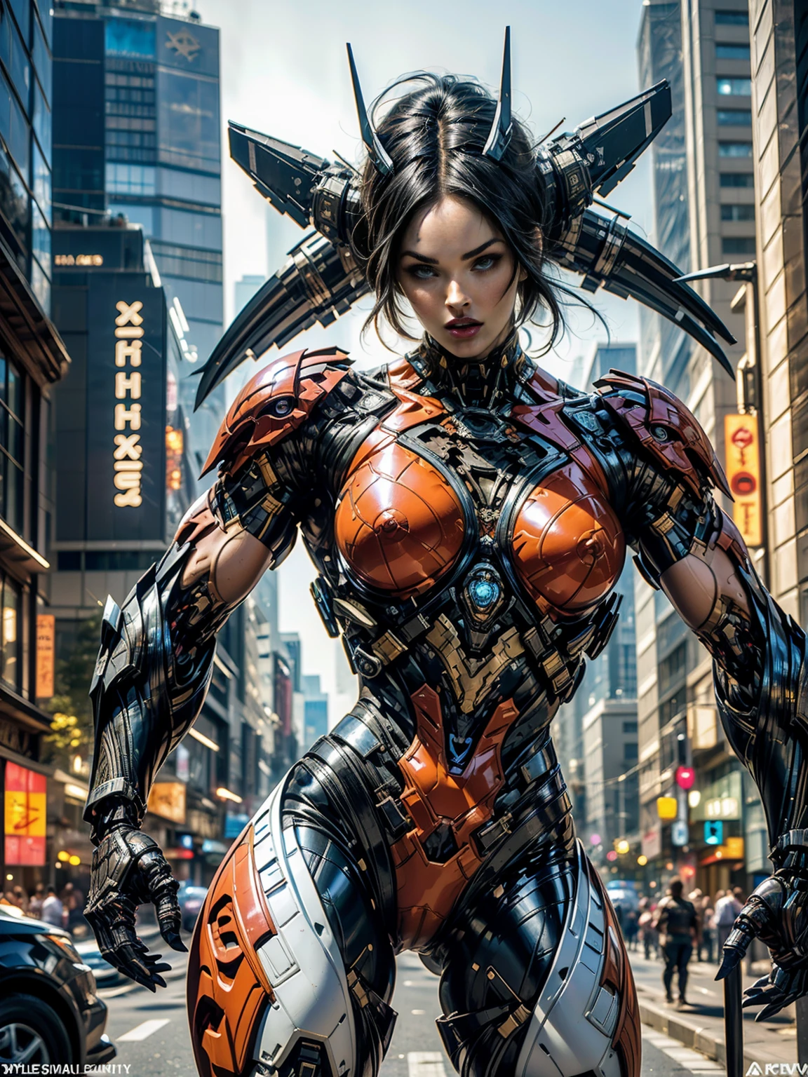 (megan fox), Cinematic, hyper-detailed, and insanely detailed, this artwork captures the essence of a muscular cyborg girl. Beautiful color grading, enhancing the overall cinematic feel. Unreal Engine brings her anatomic cybernetic muscle suit to life, appearing even more mesmerizing. With the use of depth of field (DOF), every detail is focused and accentuated, drawing attention to her eyes and the intricate design of the anatomic cybernetic muscle suit . The image resolution is at its peak, utilizing super-resolution technology to ensure every pixel is perfect. Cinematic lighting enhances her aura, while anti-aliasing techniques like FXAA and TXAA keep the edges smooth and clean. Adding realism to the anatomic cybernetic muscle suit, RTX technology enables ray tracing. Additionally, SSAO (Screen Space Ambient Occlusion) gives depth and realism to the scene, the girl's anatomic cybernetic muscle suit become even more convincing. In the post-processing and post-production stages, tone mapping enhances the colors, creating a captivating visual experience. The integration of CGI (Computer-Generated Imagery) and VFX (Visual Effect brings out the anatomic cybernetic muscle suit's intricate features in a seamless manner. SFX (Sound Effects) complement the visual artistry, immersing the viewer further into this fantastic world. The level of detail is awe-inspiring, with intricate elements meticulously crafted, the artwork hyper maximalist and hyper-realistic. Volumetric effects add depth and dimension, and the photorealism is unparalleled. The image is rendered in 8K resolution, ensuring super-detailed visuals. The volumetric lightning adds a touch of magic, highlighting her beauty and the aura of her anatomic cybernetic muscle suit in an otherworldly way. High Dynamic Range (HDR) technology makes the colors pop, adding richness to the overall composition. Ultimately, this artwork presents an unreal portrayal of a super muscled cyborg girl