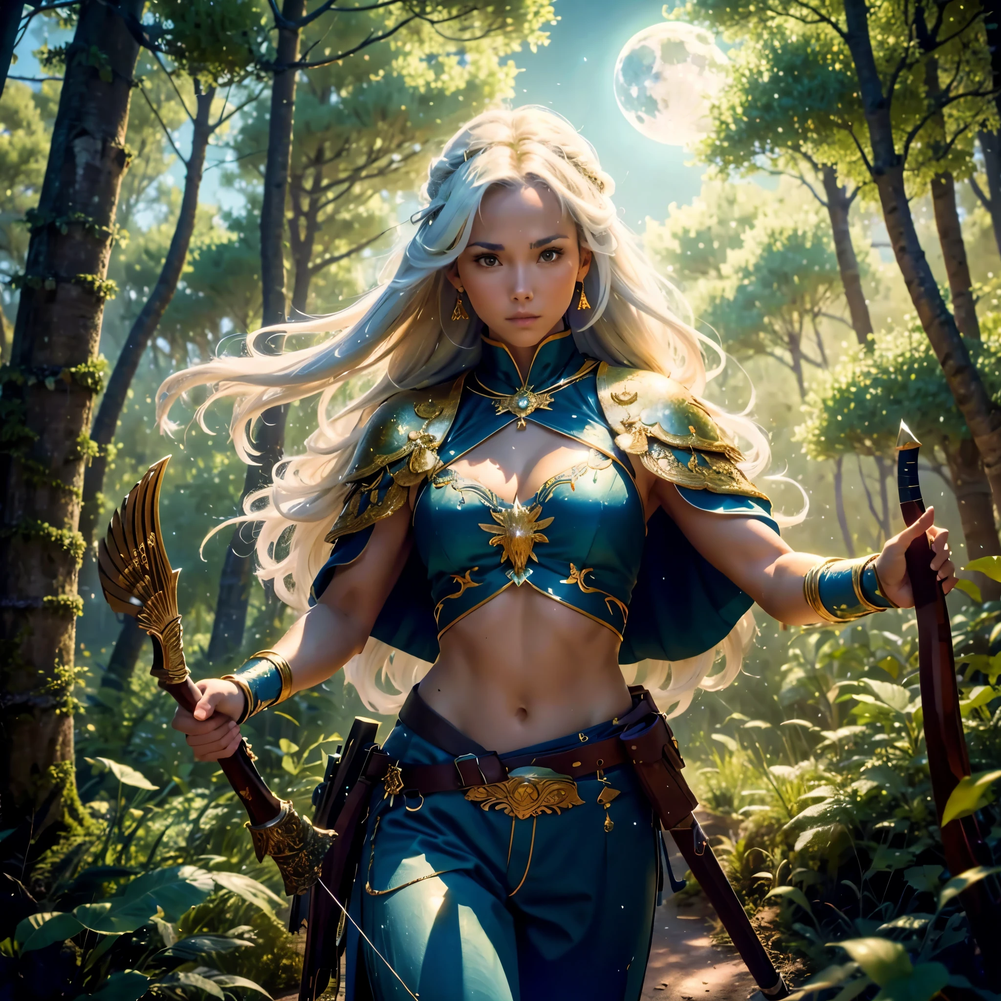 (best quality,4k,8k,highres,masterpiece:1.2),ultra-detailed, 1woman, Greek goddess Artemis, Kate Jackson, Mediterranean features and skin tone, Athletic build, wearing trousers, wide feminine hips, White hair. in the woods at night, night time, bathed in pale blue moonlight, moon, wielding a bow, wearing a quiver of arrows, on the hunt, dressed for hunting, drawn in the style of Yoshitaka Amano, HDR, 8k, absurdres, cinestill 800, sharp focus