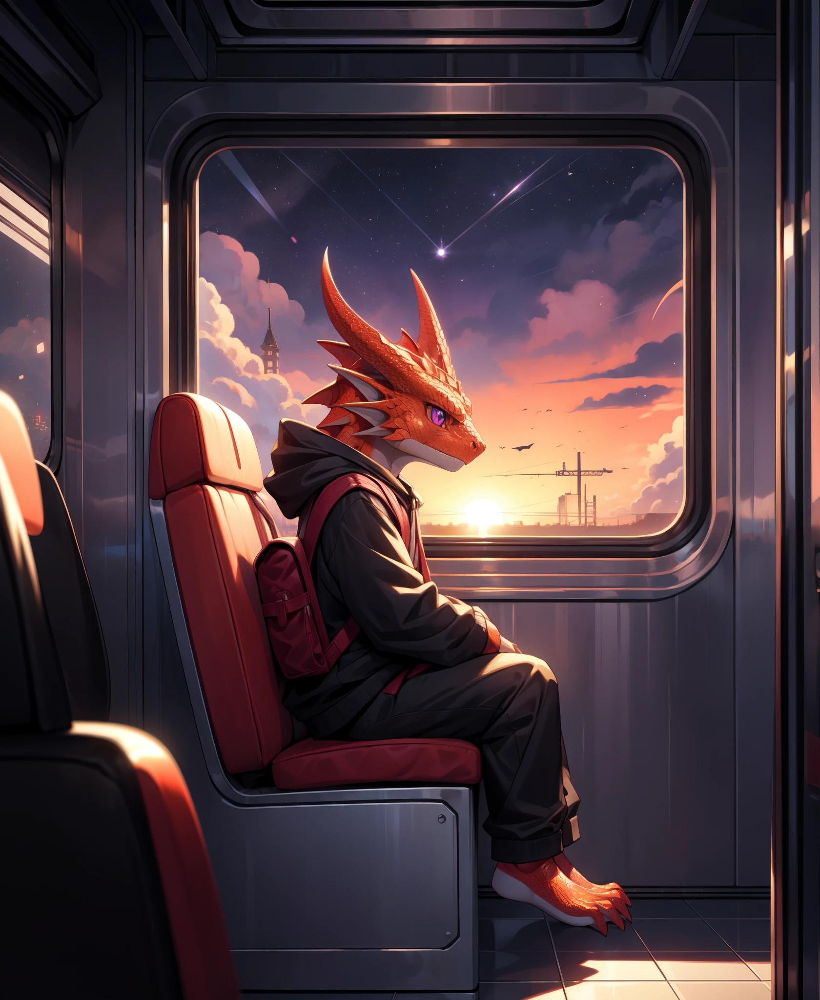 (From side below:1.5),best hands,best quality,(masterpiece,ultra detailed 8k art,fantasy),Inside the train, (kid,petite:1.32),sitting on a train seat,(focus red lizard boy,solo,lizard purple eyes,anthro,Looking out the window:1.2),scales,(halation,Full body:1.55),night,hug a backpack,look at the side window BREAK
 looking lonely,Black hoodie,alone, long horns, sad, night view,My image reflected in the window,metropolis