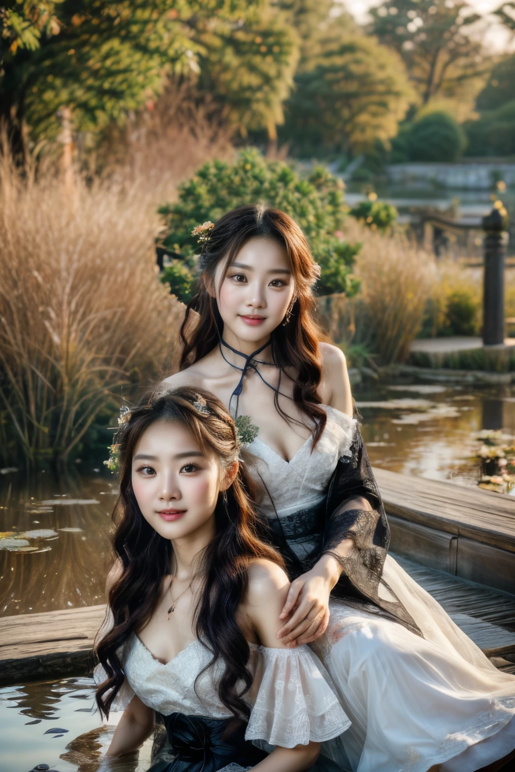 All faces and pictures must be different,((Ultra Long Exposure Photography)) high quality, highly detailed, a stunningly photorealistic closeup portrait of two beautiful Chinese women,Babyfaced, intricate detailed eyes,open shoulders,skirtlift,where two mysterious women sits by the edge of a pond, capturing a romantic atmosphere under the starry sky.