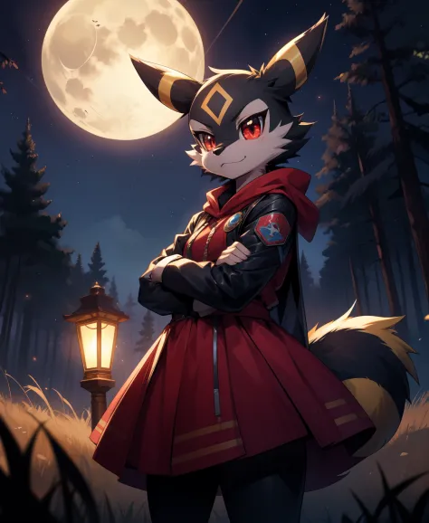 1girl,anthro, umbreon, black body fur, gold markings, pokemon, red eyes, fluffy fur, at night, moonlight, forest, detailed backg...