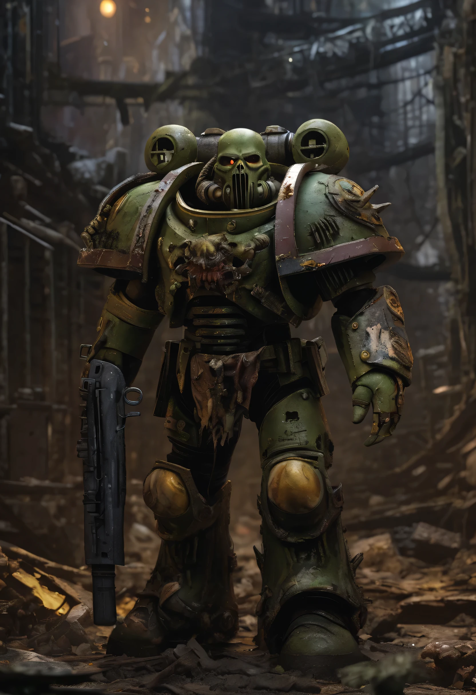 (highres:1.2),realistic,a warhammer 40k chaos marine of khorne,strolls through a bloody battlefield,collecting skulls,grim and dark atmosphere,chaotic and violent scene,detailed blood splatters and gore,gloomy lighting and shadows,demonic creatures dancing in the background,ominous and eerie ambience,heavy armor covered in spikes and skulls,sharp and menacing weapon with bloodstains,red and black color scheme,hellish and fiery landscape,ominous storm clouds and lightning,destructed and ruined buildings,war-torn and desolate environment,ominous chants and screams in the air