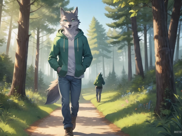 걸작, 최고의 품질, 1 늑대 모피 앤트로 소년, 회색 늑대 털복숭이, 녹색 눈, 파란색 후드티와 파머진을 입으세요, 걷는, 숲속에서, 맑은 날, 파란 하늘